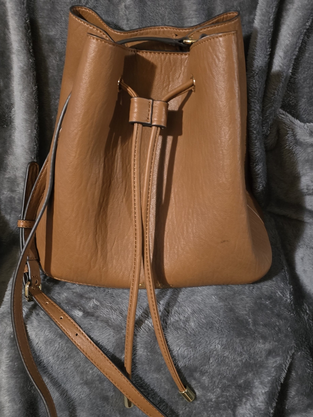 Calvin Klein Cognac Tan Leather Drawstring Crossbody Bag